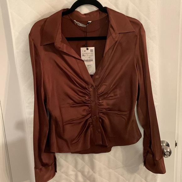 ZARA Satin chocolate brown blouse, never worn - Picture 1 of 3